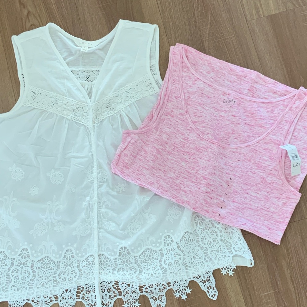 LOFT Pink Heathered Tank & White Lace Shell Set